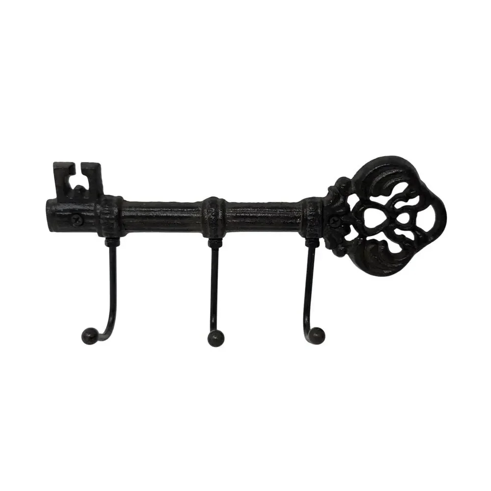Cast Iron Skeleton Key Wall Hook Rack 3 Hooks Rustic Entryway Decor